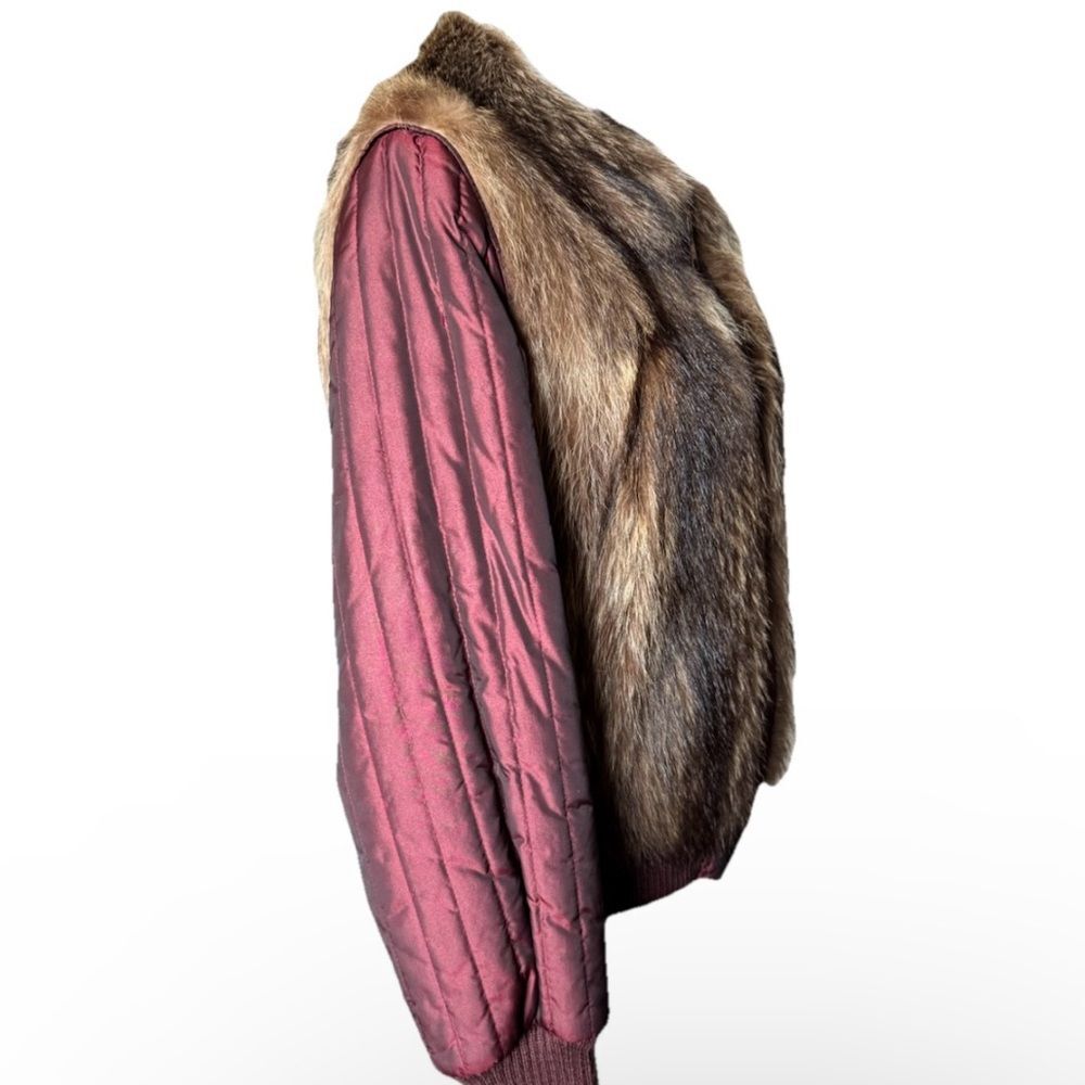 Vintage Raccoon Fur & Burgundy Quilted Bomber Jacket Detachable Sleeves Large - Picture 4 of 9